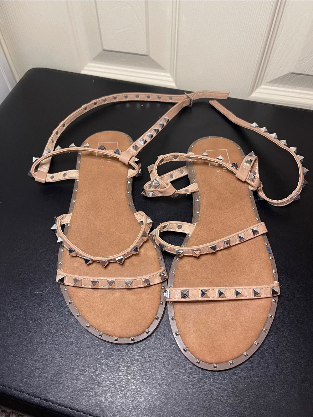 ShuShop Nude Pyramid-Stud Strappy Lace-Up Sandals